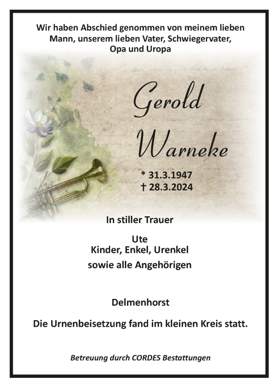 Todesanzeige von Gerold Warneke von Trauer.de