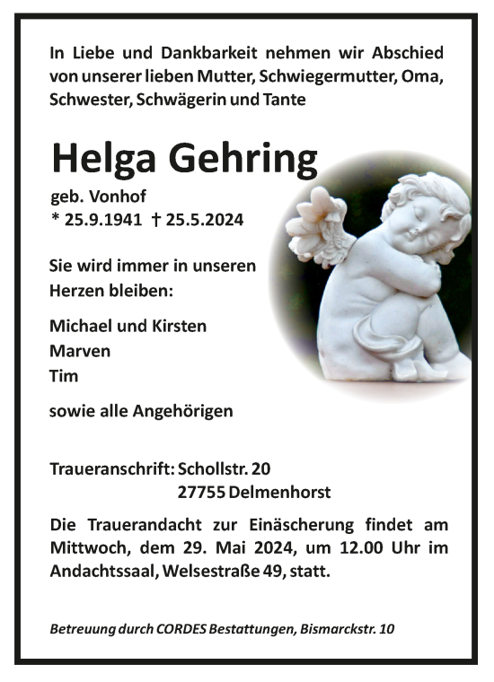 Todesanzeige von Helga Gehring von Trauer.de
