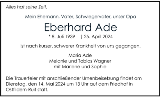 Todesanzeige von Eberhard Ade von Trauer.de