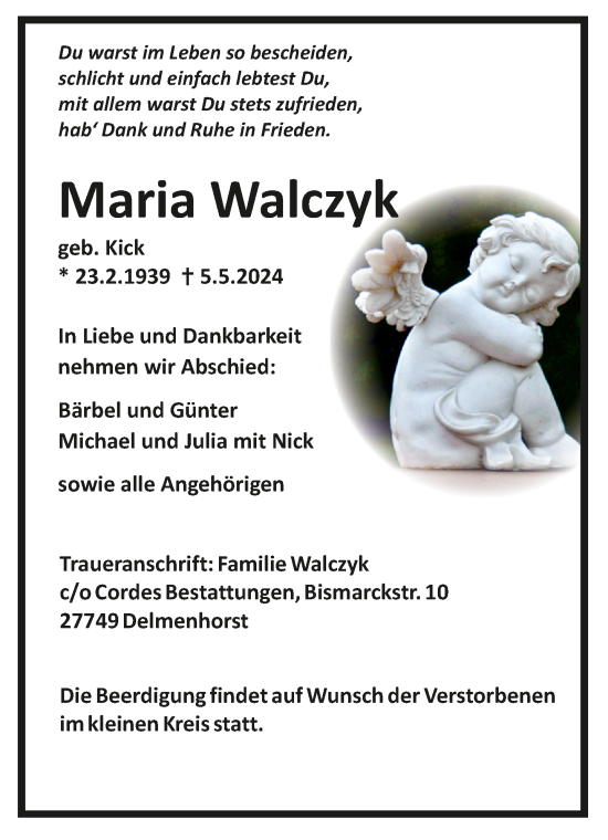 Todesanzeige von Maria Walczyk von trauer.de