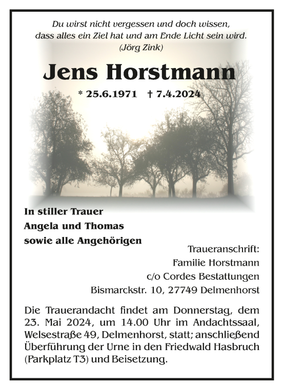 Todesanzeige von Jens Horstmann von trauer.de