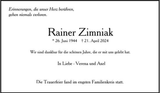 Todesanzeige von Rainer Zimniak von Trauer.de