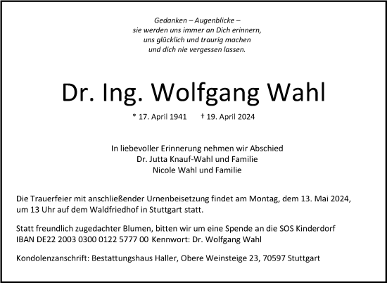 Todesanzeige von Wolfgang Wahl von Trauer.de