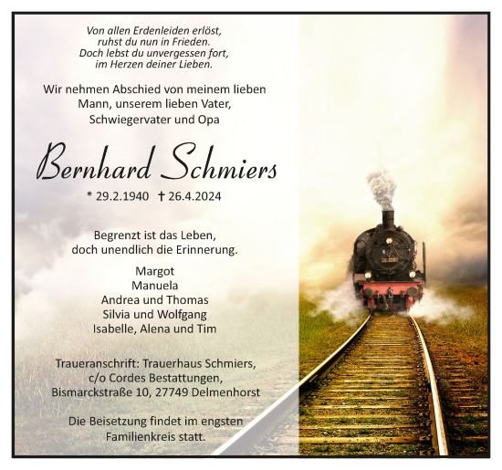 Todesanzeige von Bernhard Schmiers von trauer.de