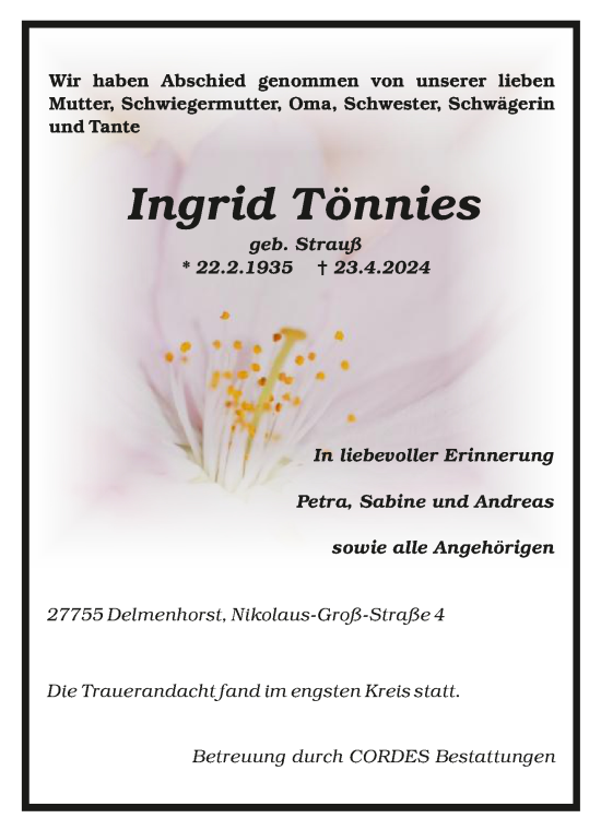 Todesanzeige von Ingrid Tönnies von trauer.de