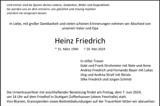 Todesanzeige von Heinz Friedrich von Trauer.de