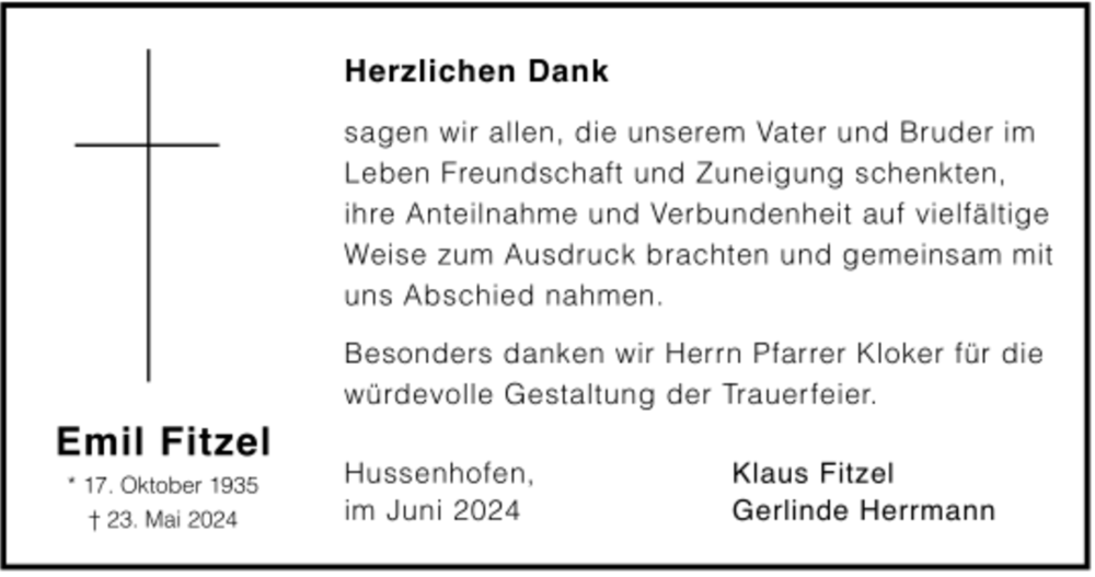  Traueranzeige für Emil Fitzel vom 15.06.2024 aus trauer.de