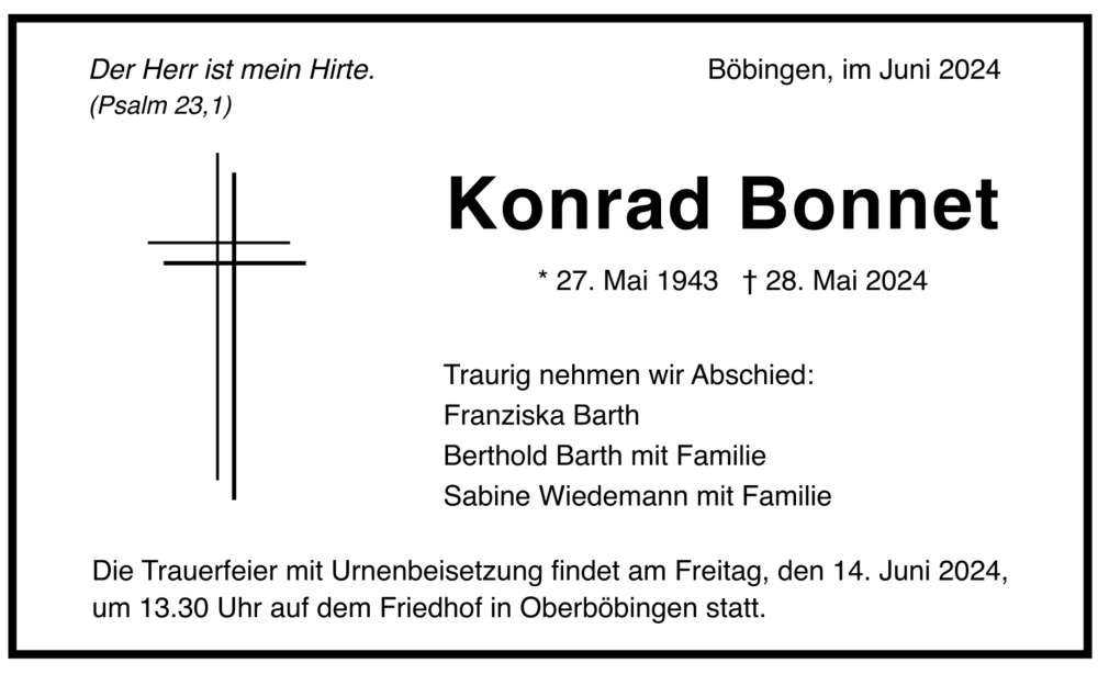  Traueranzeige für Konrad Bonnet vom 11.06.2024 aus trauer.de