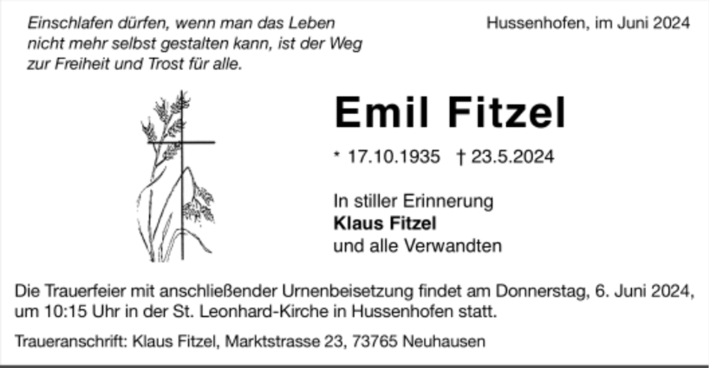  Traueranzeige für Emil Fitzel vom 05.06.2024 aus Trauer.de