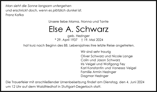Todesanzeige von Else Schwarz von Trauer.de