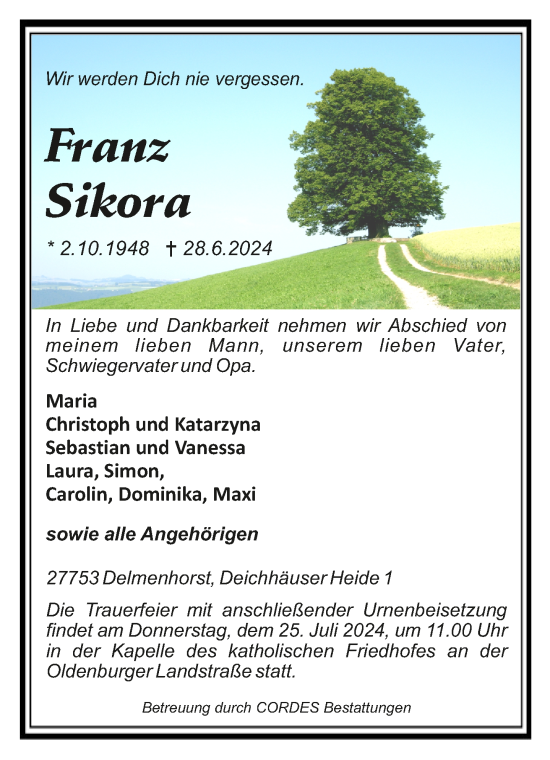 Todesanzeige von Franz Sikora von trauer.de