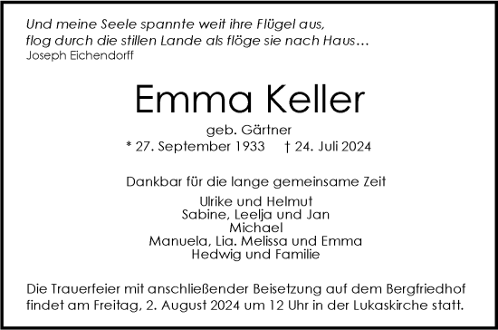 Todesanzeige von Emma Keller von trauer.de