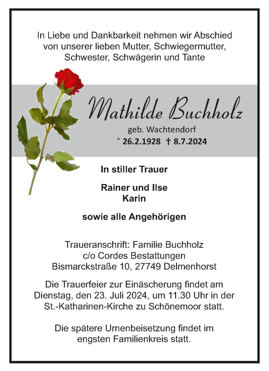Todesanzeige von Mathilde Buchholz von trauer.de