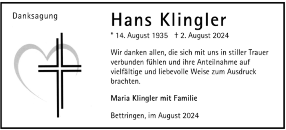  Traueranzeige für Hans Klingler vom 24.08.2024 aus trauer.de