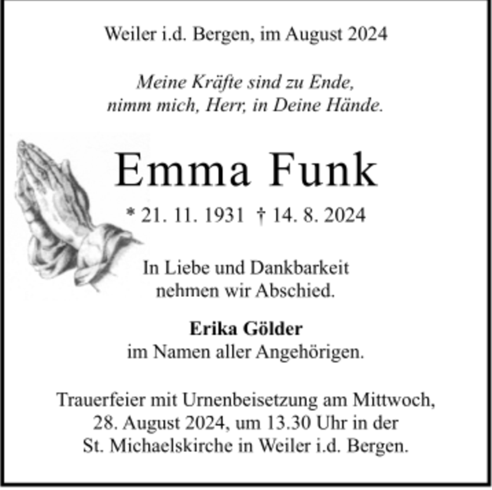 Traueranzeige für Emma Funk vom 24.08.2024 aus Trauer.de