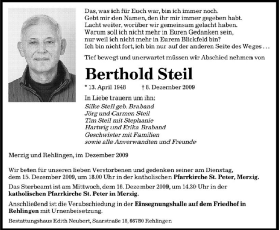 Todesanzeige von Berthold Steil von SAARBRÜCKER ZEITUNG