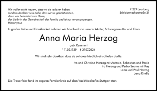 Todesanzeige von Anna Maria Herzog von Trauer.de