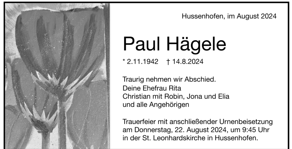  Traueranzeige für Paul Hägele vom 20.08.2024 aus trauer.de