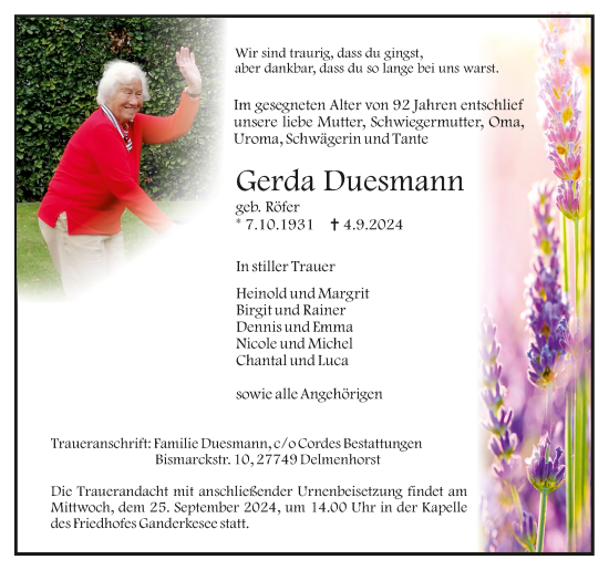 Todesanzeige von Gerda Duesmann von trauer.de