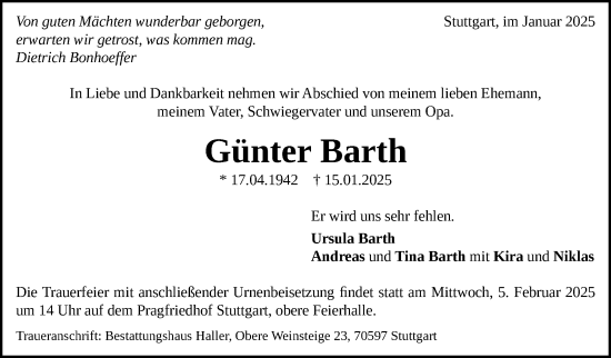 Todesanzeige von Günther Barth von trauer.de