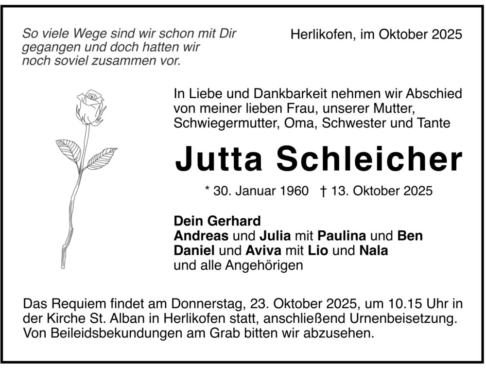  Traueranzeige für Jutta Schleicher vom 18.10.2025 aus trauer.de
