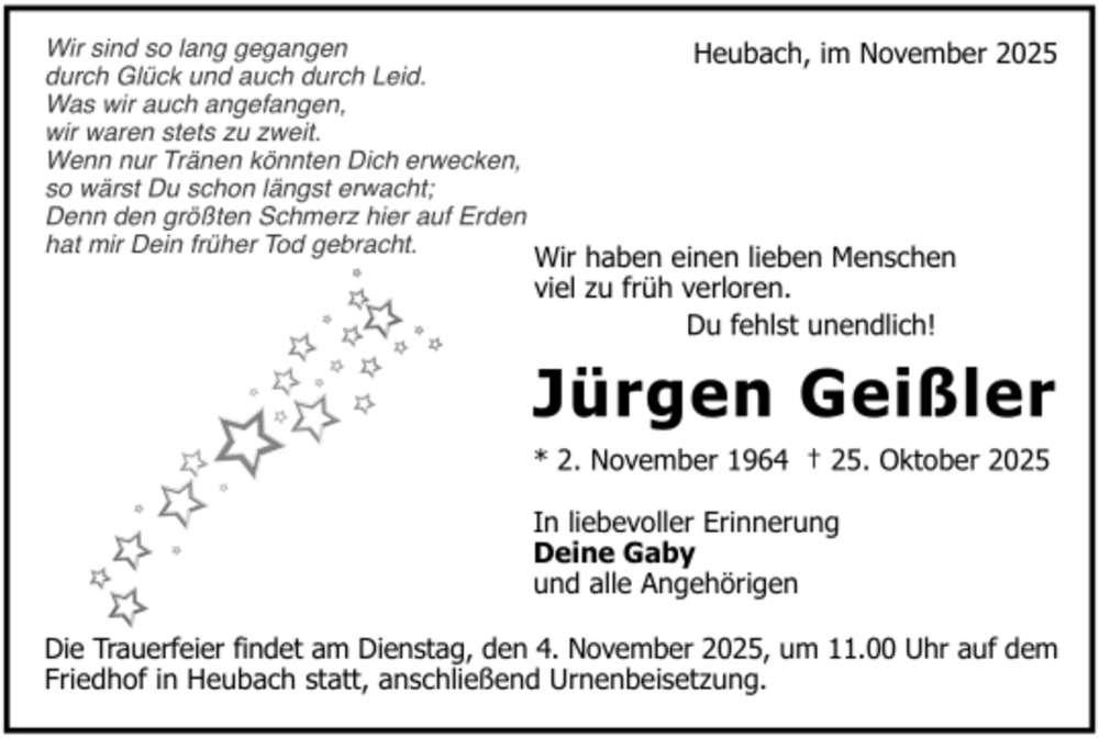  Traueranzeige für Jürgen Geißler vom 31.10.2025 aus trauer.de