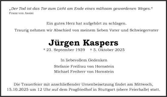 Todesanzeige von Jürgen Kaspers von trauer.de