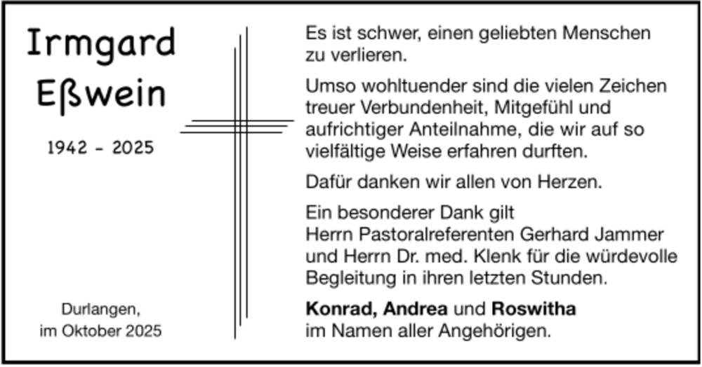  Traueranzeige für Irmgard Eßwein vom 02.10.2025 aus trauer.de