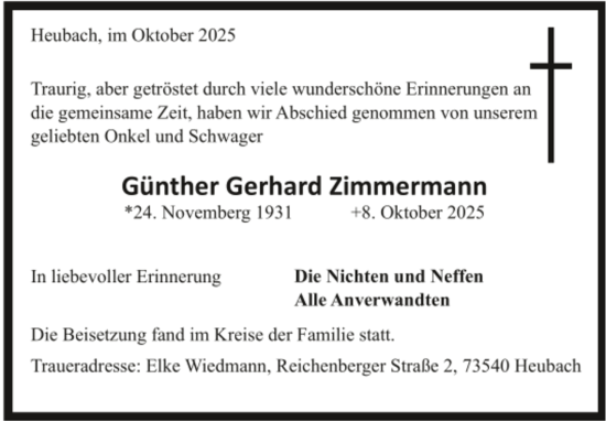 Todesanzeige von Günther Gerhard Zimmermann von trauer.de