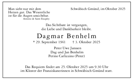 Todesanzeige von Dagmar Benhelm von trauer.de