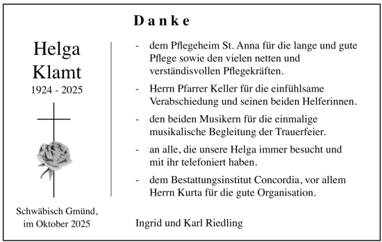 Todesanzeige von Helga Klamt von trauer.de