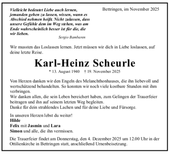 Todesanzeige von Karl-Heinz Scheurle von trauer.de