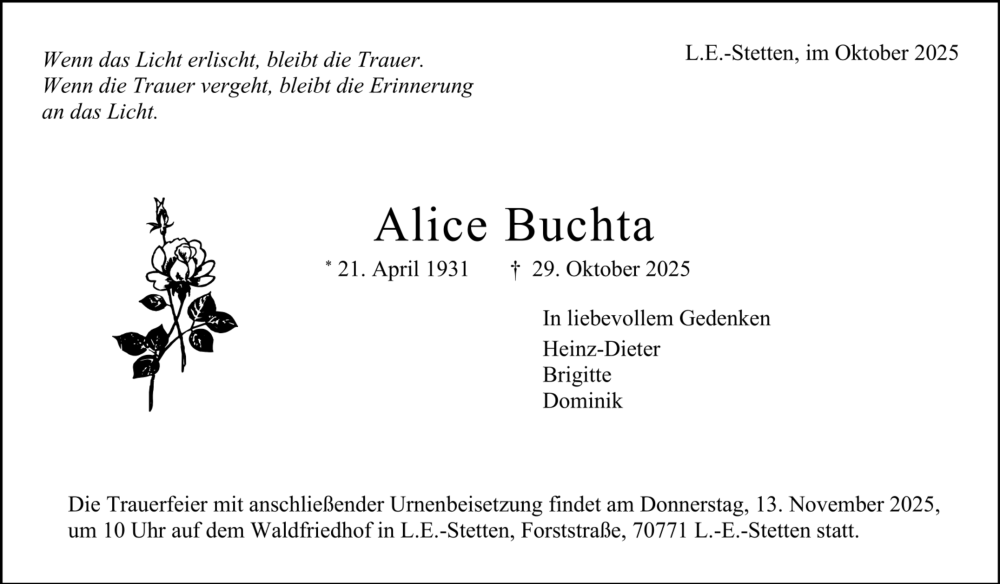  Traueranzeige für Alice Buchta vom 08.11.2025 aus Trauer.de