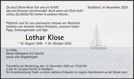 Todesanzeige von Lothar Klose von Trauer.de