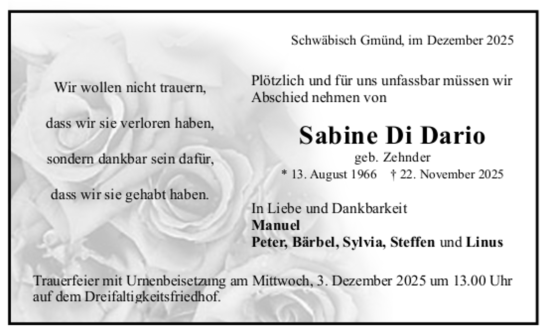 Todesanzeige von Sabine Di Dario von trauer.de