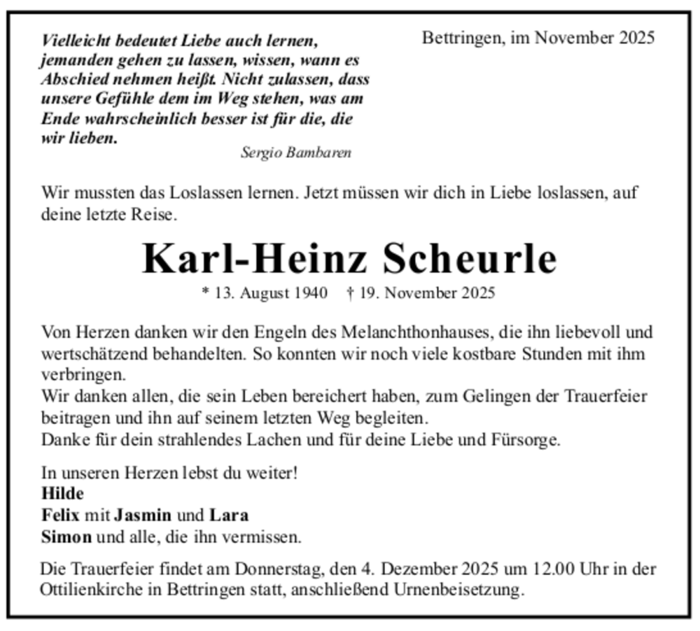  Traueranzeige für Karl-Heinz Scheurle vom 29.11.2025 aus trauer.de