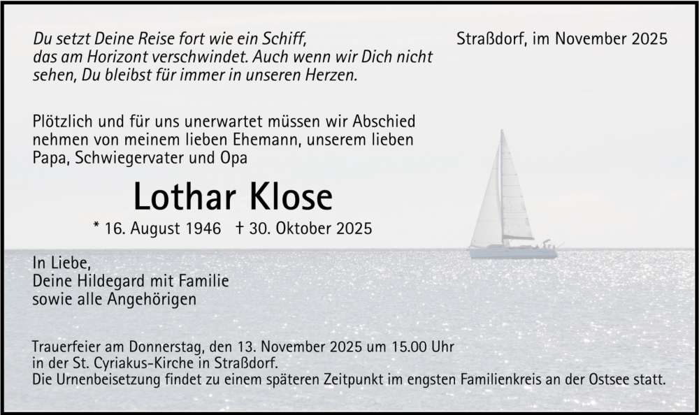  Traueranzeige für Lothar Klose vom 08.11.2025 aus Trauer.de