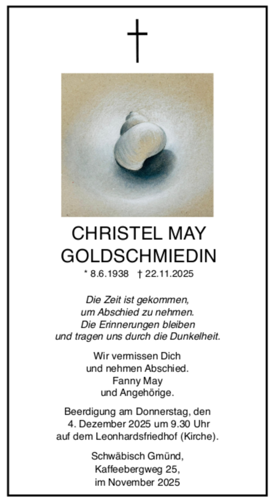Todesanzeige von Christel May Goldschmiedin von trauer.de