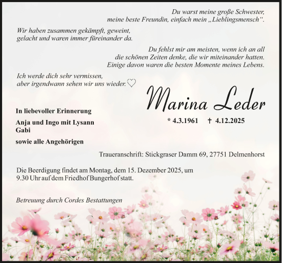 Todesanzeige von Marina Leder von trauer.de