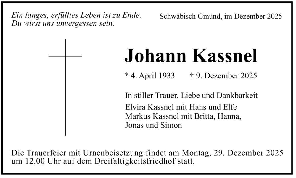  Traueranzeige für Johann Kassnel vom 20.12.2025 aus trauer.de