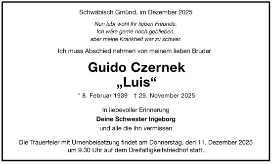 Todesanzeige von Guido Czernek von trauer.de