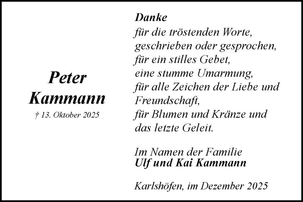  Traueranzeige für Peter Kammann vom 20.12.2025 aus trauer.de