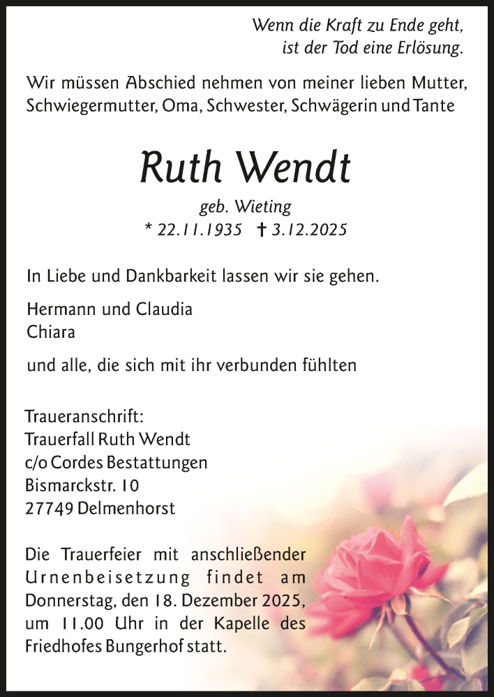  Traueranzeige für Ruth Wendt vom 13.12.2025 aus trauer.de