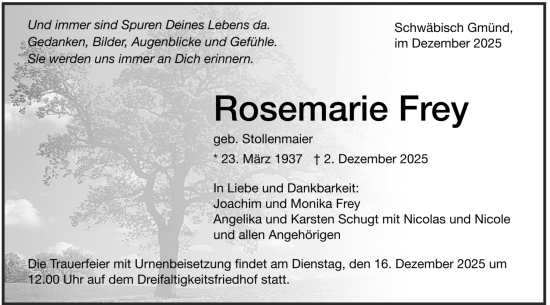 Todesanzeige von Rosemarie Frey von trauer.de