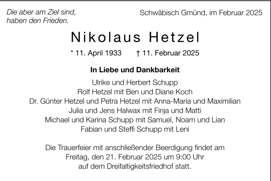Todesanzeige von Nikolaus Hetzel von trauer.de