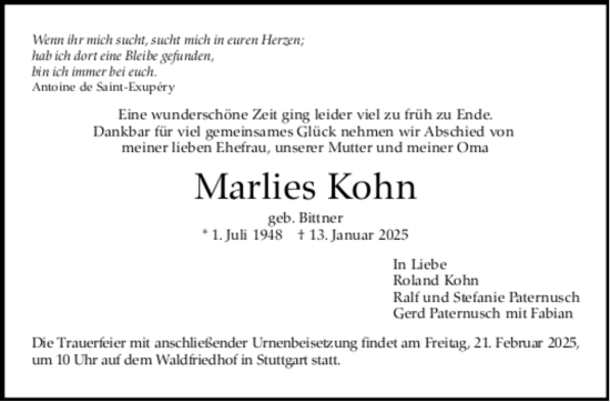Todesanzeige von Marlies Kohn von Trauer.de