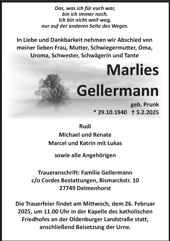 Todesanzeige von Marlies Gellermann von Trauer.de
