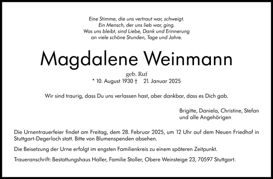 Todesanzeige von Magdalene Weinmann von trauer.de