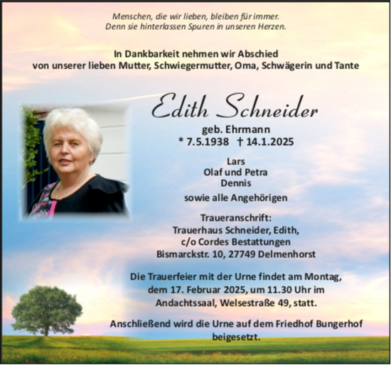 Todesanzeige von Edith Schneider von Trauer.de