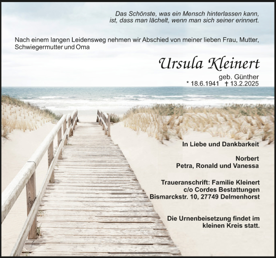 Todesanzeige von Ursula Kleinert von Trauer.de
